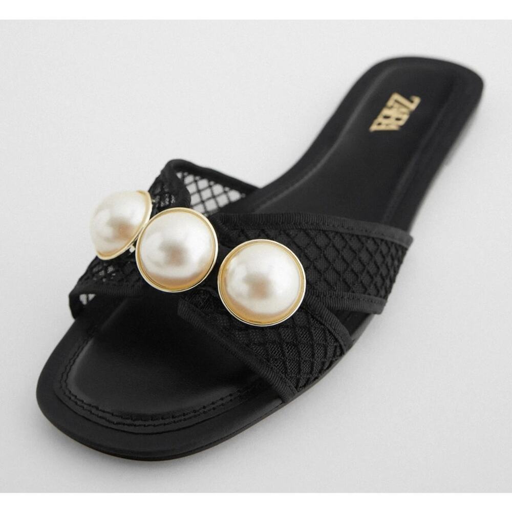 ZARA Pearl Embellished Mesh Slide Sandals NWT Black Resort Flats Size 7.5 - Picture 15 of 16